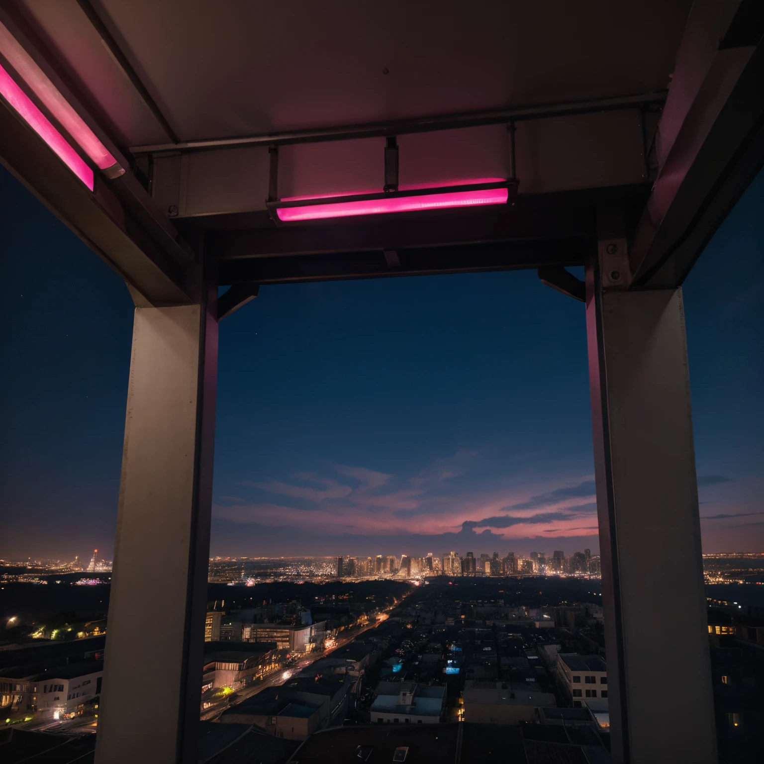 night city with pink lights overhead view