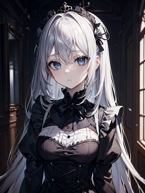 (masutepiece,Best Quality,Ultra-detailed),1girl in,beautiful and detailed face, Detailed eyes,Looking at Viewer,((grey theme),A little bite、Redness of the cheeks,diadems,Gothic Maid uniform,(Foreground),In the old mansion,hallway,Dark