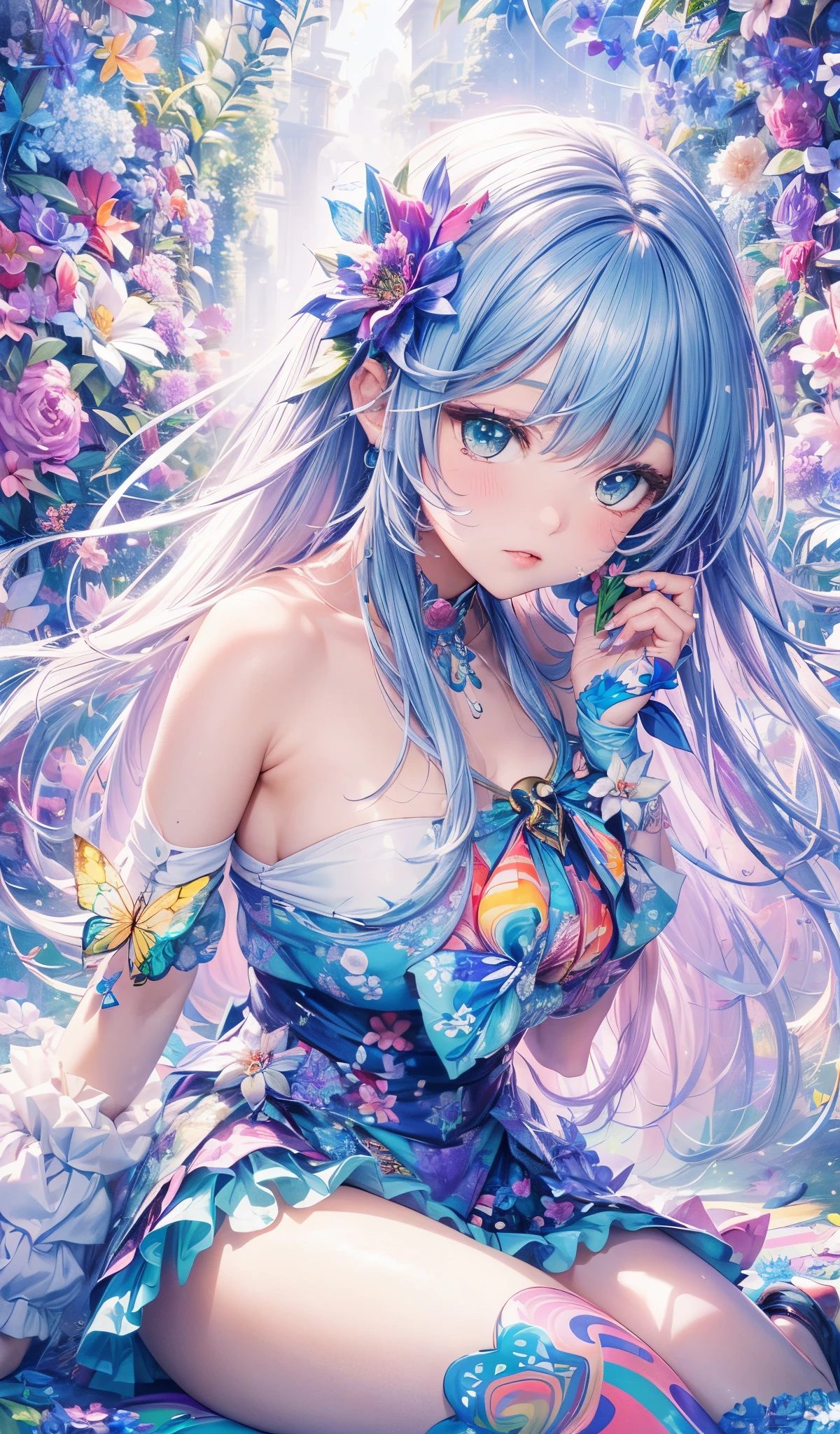 Melody Mark,top-quality、masutepiece、1womanl、独奏、(abstract art:1.6),(Psychedelia Theme:1.6),(Gunjo World:1.5),(Marine:1.5),(Blue World:1.5),(At the center of the world is the most beautiful woman in the world),(many stars are falling:1.3),A ray of light spreads,Crystals spreading from the center,prisma(Nostalgic landscapes:1.5),(colorful flower:1.3),Garden Girl,gentle sunlight,Soft breeze,Delicate flowers,A rainbow-colored butterfly flaps its wings,Mesmerizing natural beauty,Fragments of Shining Stars, krystal,