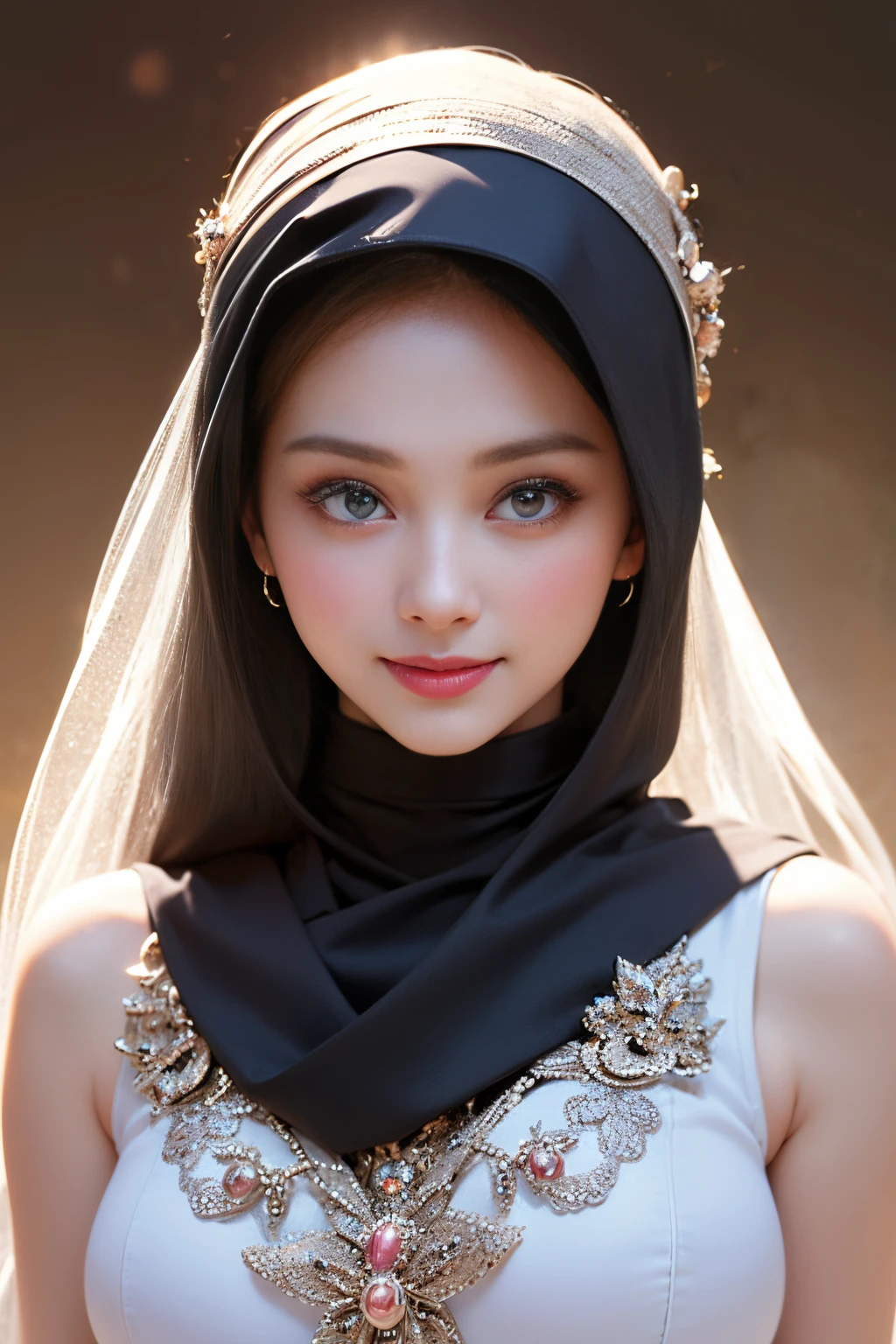 nsfw,Highest Quality, Highest image quality, RAW Photos, Realistic, Photorealsitic, ultra detailed and beautiful, highest details, 1young girls, good-looking, Beautiful fair skin and luster, Beautiful eyes are big and bright, Small mouth and thin lips, hijabi, Goodness of style and slenderneseautiful big breasts:1.3), She has a cheerful personality and a cute smile......, Natural makeup, Pearl Pin Cripantasy see-through costume with cute details and wide breasts:1.5), Cute little girl s, beautiful girl illuminated by seven colors of light, Irridescent color,
