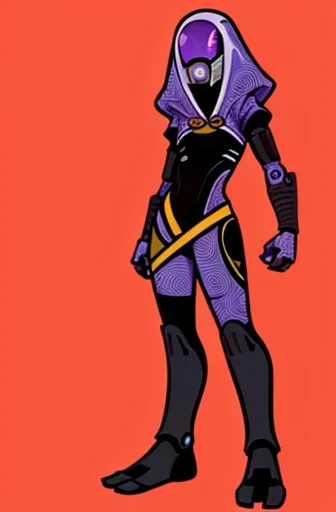2000s anime cels style, Cartoon style of the 2000's, (flat color:1.2), vivid colors, retro anime, 2000s anime, 2000s anime, early 2000's inspired anime, early 2000's esthetics, tali, 1girl, solo, hood, purple bodysuit, mask, (helmet, faceless), hood up, alien, inside, Tali'Zorah, mass effect fantasy, scifi woman, full body portrait