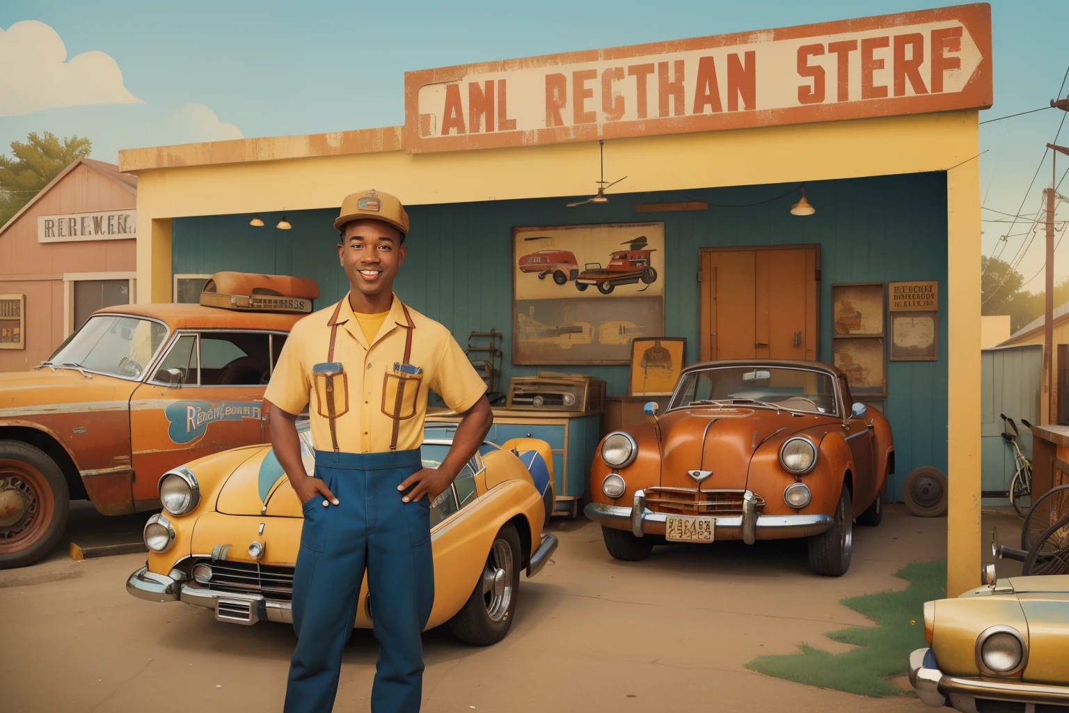 Setting: Daytime Vintage Car Repair Shop with a Mechanic.
*Description: An African-American mechanic with a charming smile works on a classic car surrounded by an array of vintage tools. The sunlight highlights the colorful retro posters on the shop walls, capturing the nostalgic charm of a Wes Anderson-style repair scene.