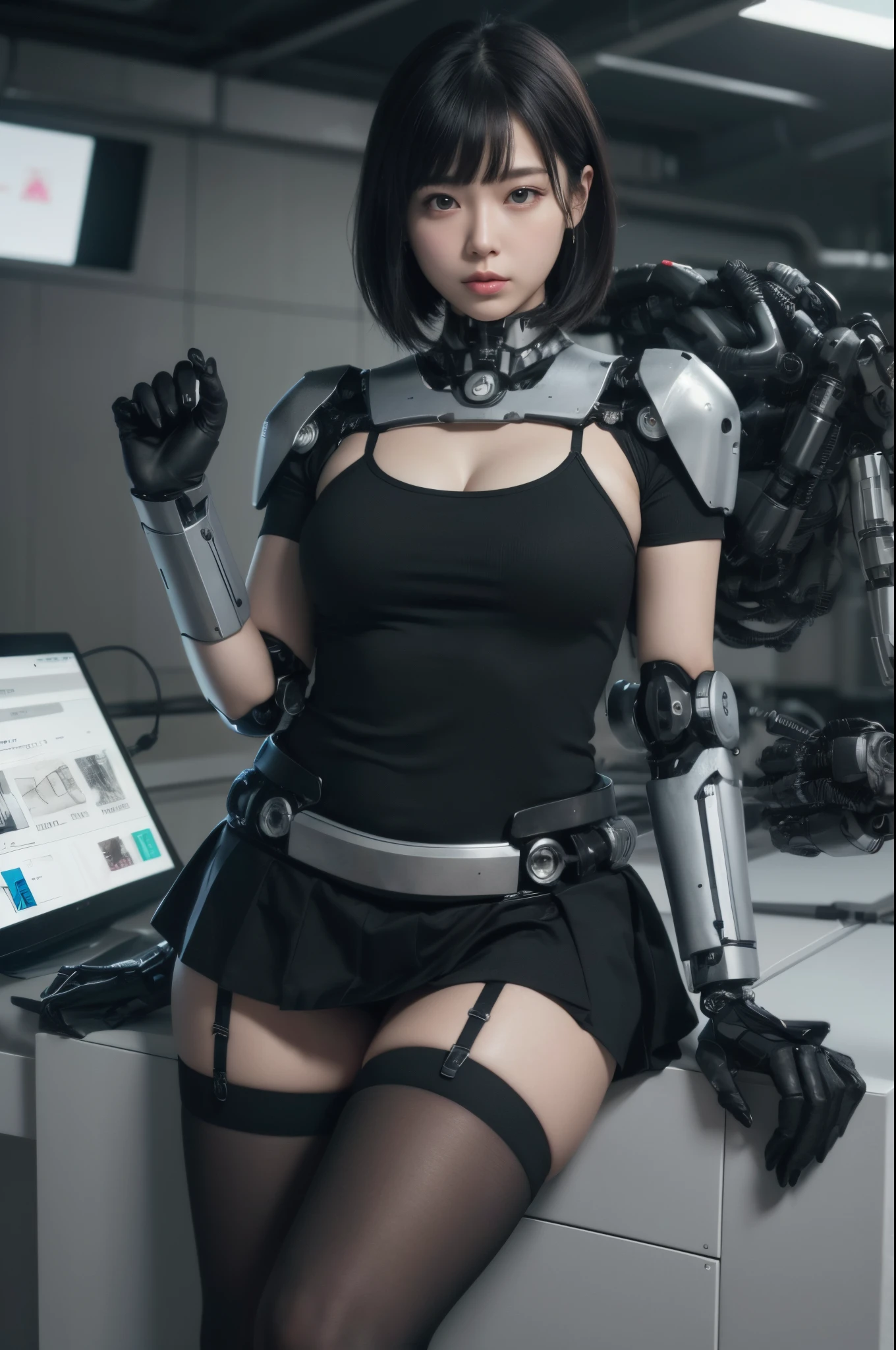 masutepiece, Best Quality, Extremely detailed, (Photorealistic:1.4), (8K, 4K, Best Quality, hight resolution, 超A high resolution:1.1), 8K portrait,1girl in, Japaese Cyborg Girl,Plump , announcer,control panels,android,Droid,Mechanical Hand, ,Robot arms and legs, Black Robot Parts,Black hair,Mechanical body,Blunt bangs,White Robotics Parts,perfect robot woman,Charging spot,Long Tube,A thick cable was connected to her neck,ceramic body ,Mechanical body, mechanical ear covers,android,robot humanoid,loose boots,dark black leggings,tight skirt,a bit chubby,panty,full eyes,She is exhibits,She is exhibited on exhibition hall,