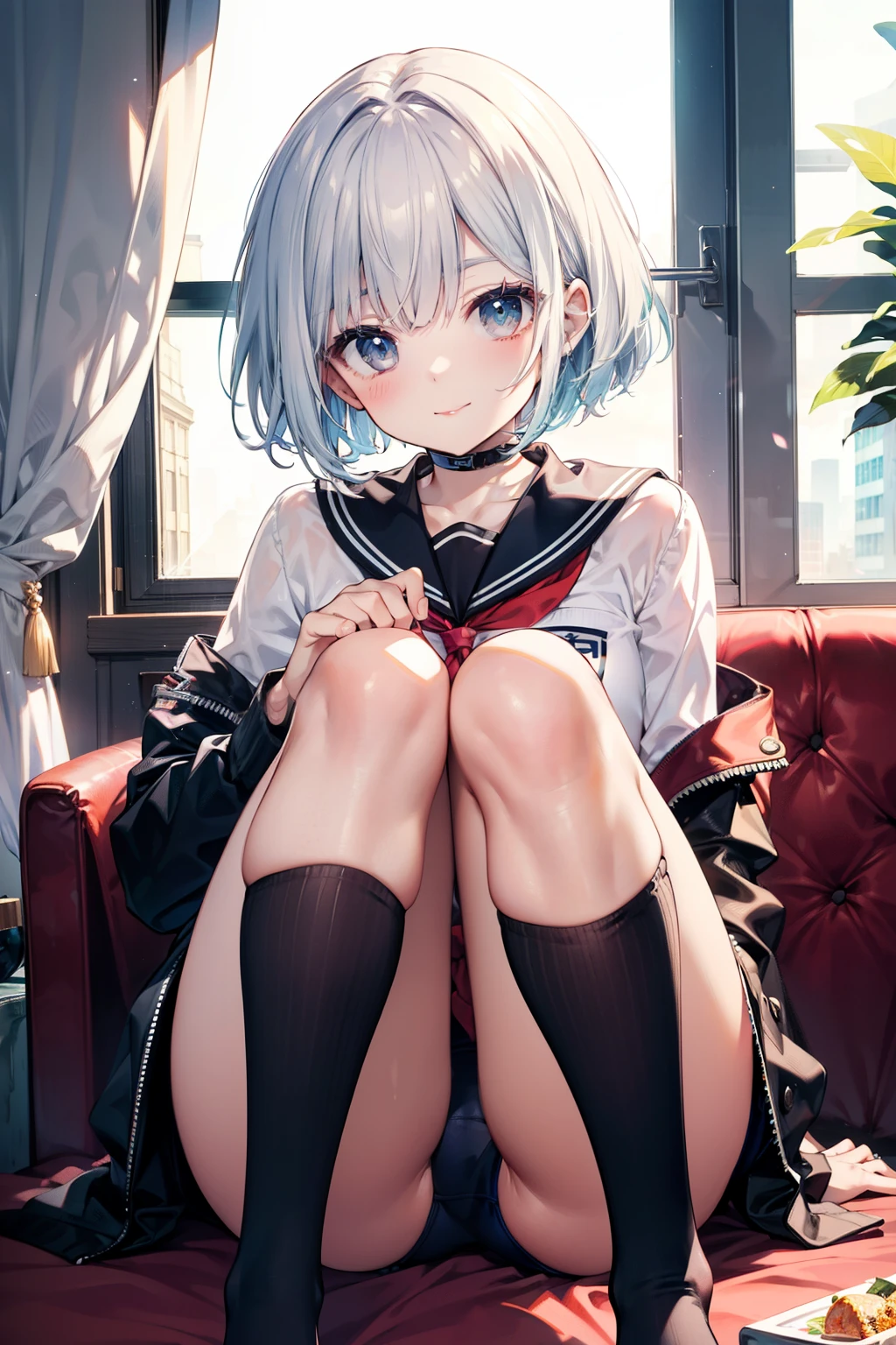top-quality、Full limbs、complete fingers、Slender beauty、ssmile、Wearing a school swimsuit、Wear knee-high socks、Bery short hair、bob cuts、darkened room