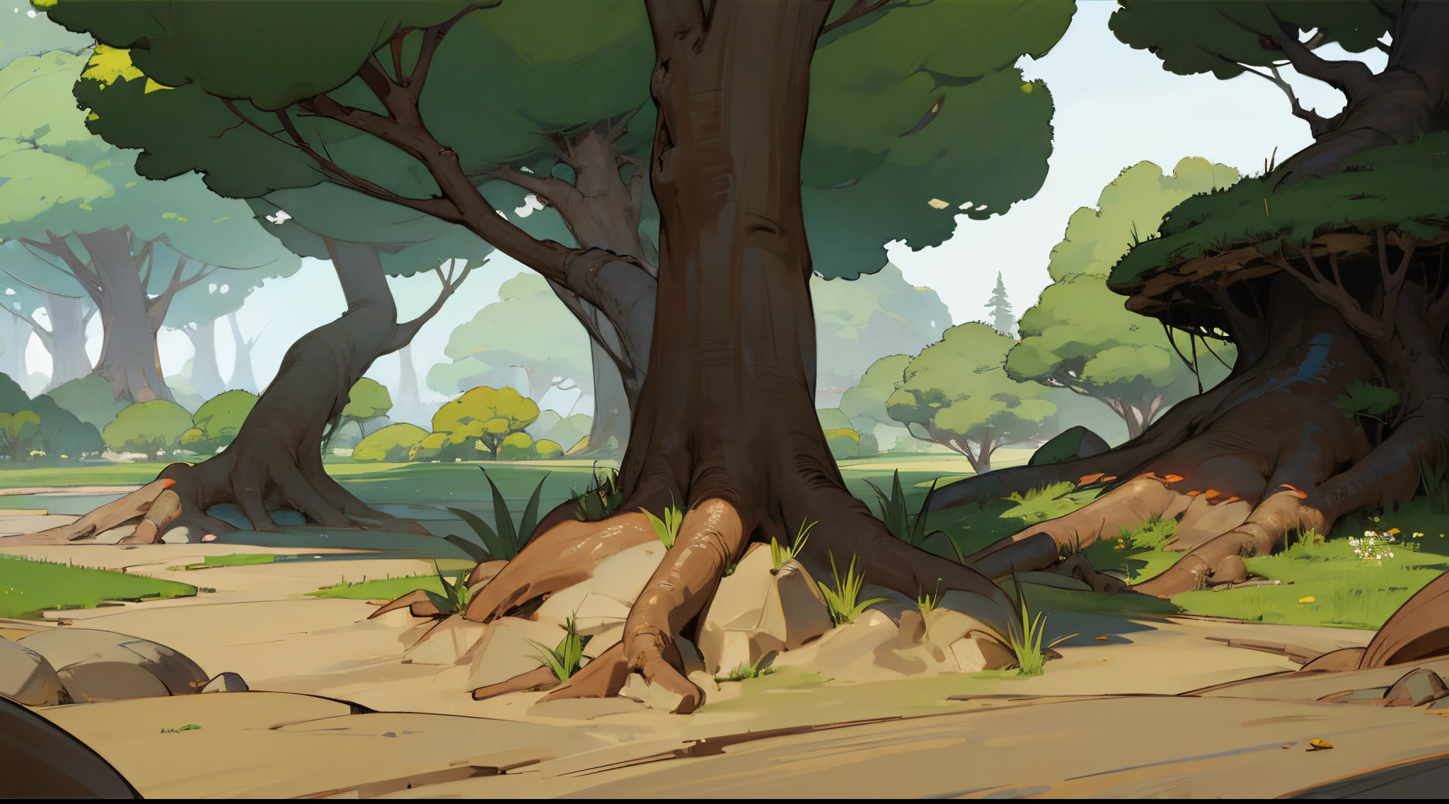 ghibli art style, brown tree roots, gray rocks and stones between the roots, ground, focus on the roots and rocks, dirt ground in the background,