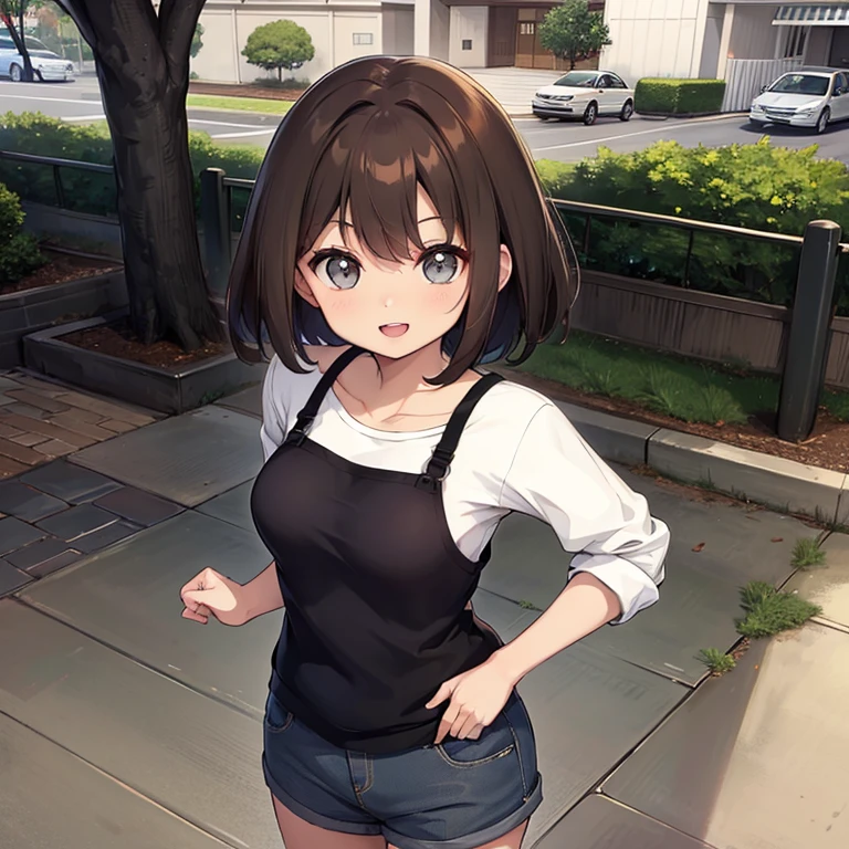 A cute brown haired girl, light skin, smiling, short hair, grey eyes, casual outfits, Advanced details, high quality, young girl, Anime style