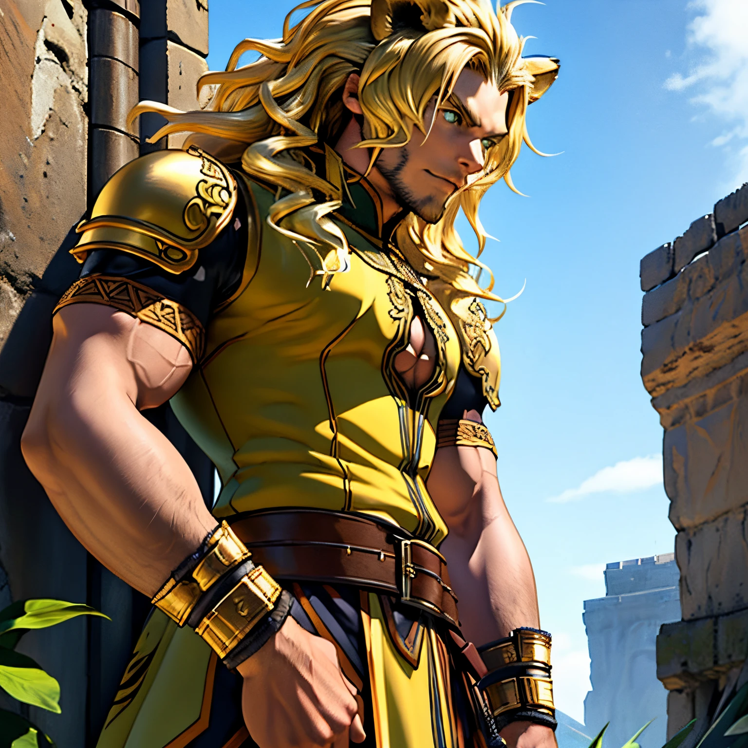 Fantasy armor, One male, lion ears, long hair, blond, blond hair, green eyes, tall, muscular, beautiful face, highest quality, masterpiece, 3d, anime, perfect face, highest detail, feline eyes, stubble, lion tail, wavy hair, full body shot, detailed face, intricate details, fantasy background, serious expression, solo, longsword
