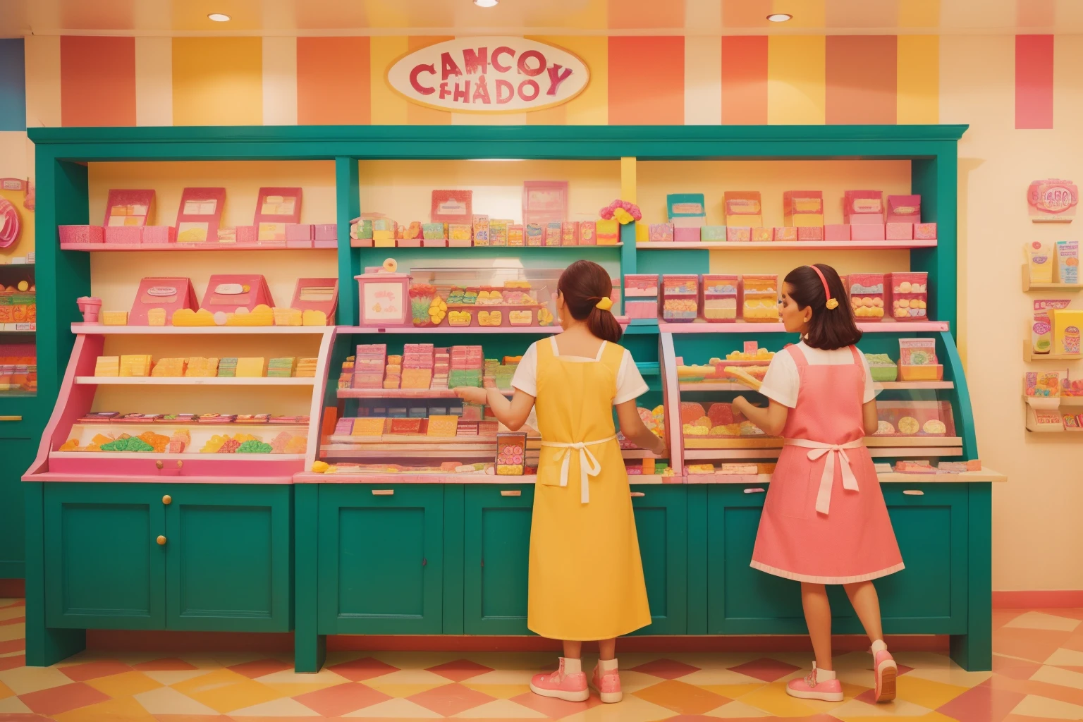 Setting: Daytime Quirky Candy Shop with a Hispanic Candy Maker.
*Description: A Hispanic candy maker, donning a colorful apron, crafts sweet delights in a charming candy shop. The shelves are lined with an array of vibrant candies, embodying the whimsical charm of a Wes Anderson-style confectionery.