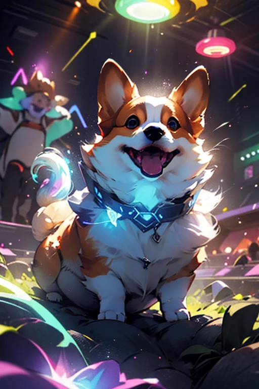 holographic, smokey, Welsh Corgi, Phantasmal iridescent, inner glow, light particle, Blue hair bioluminescent, holographic, corgi, made of pure light, a glowing Spectral corgi, ghostly glowing shapes, blue glow, light trails, ethereal, glowing smoke, centered, glowing particles, sparkles, fx, translucent,  shapes, undetailed, phantasmal, smoke, mist, aurora borealis background,