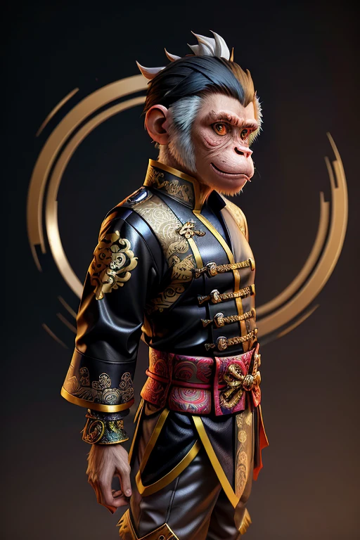 Traditional Chinese zodiac,Anthropomorphic monkey boy,Exaggerated fashion clothing,fashion accessor,realistic PVC textures,arte 3D,a 3D render,OC Render,3 d model,blender render,NFT beauty,Disruptive fiber art,Color contrast and conflict,Grey-backed,Positive perspective