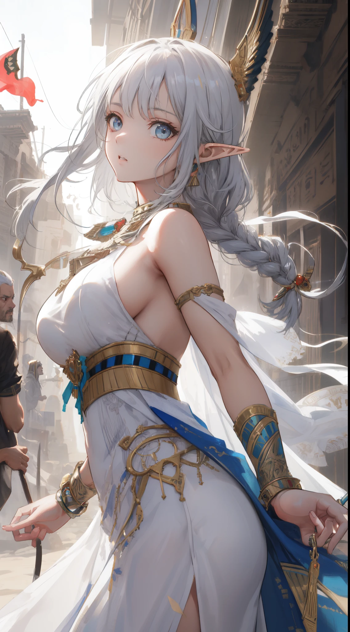 ((Best quality, 8k, Masterpiece :1.3)), young elf woman,  Bangs, sidelock, Braid, silver hair, bright eyes, egypt concept, Egyptian clothing, Ornate bracelet, with an egyptian embroidered, white dress, sweet expression,perfect face, detailed eyes, arches, middle east egyptian town, dynamic composition, craig mullins, (dynamic angle), (depth of field:1.2), intricate insanely detailed,sharp focus,aestheticism,art by Artgerm, by wadim kashin, by Kawacy, by Yusuke Murata