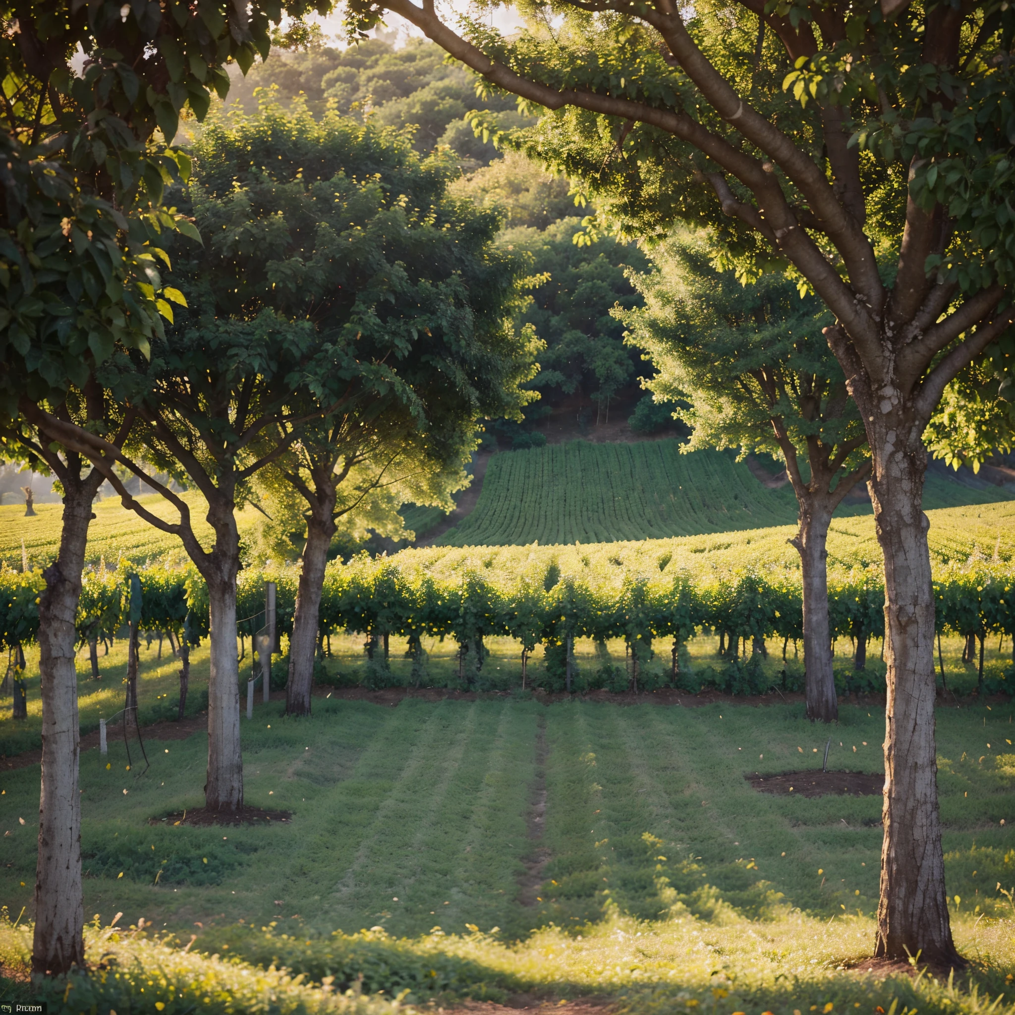 Sunlight bathes a vineyard or orchard at sunrise, casting a warm, golden glow on the landscape. This exquisite painting captures the serene beauty of rows upon rows of lush, verdant vines or fruitful trees, their leaves shimmering in the gentle morning breeze. The colors are rich and vibrant, from the deep emerald greens of the foliage to the vibrant pops of red, purple, or yellow from the ripening fruits. The air is still, carrying the faint scent of earth and the promise of a bountiful harvest. The image evokes a sense of tranquility and abundance, inviting the viewers to immerse themselves in the striking beauty of nature's awakening.