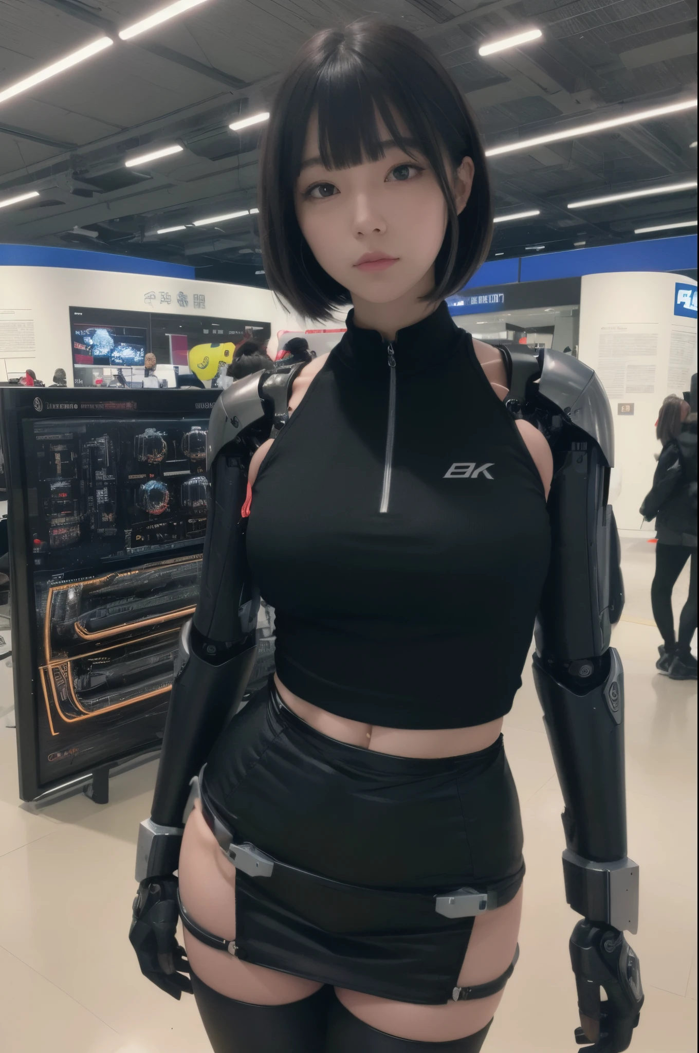 masutepiece, Best Quality, Extremely detailed, (Photorealistic:1.4), (8K, 4K, Best Quality, hight resolution, 超A high resolution:1.1), 8K portrait,1girl in, Japaese Cyborg Girl,Plump , announcer,control panels,android,Droid,Mechanical Hand, ,Robot arms and legs, Black Robot Parts,Black hair,Mechanical body,Blunt bangs,White Robotics Parts,perfect robot woman,Charging spot,Long Tube,A thick cable was connected to her neck,ceramic body ,Mechanical body, mechanical ear covers,android,robot humanoid,loose boots,dark black leggings,tight skirt,a bit chubby,panty,full eyes,She is exhibits,She is exhibited on exhibition hall,