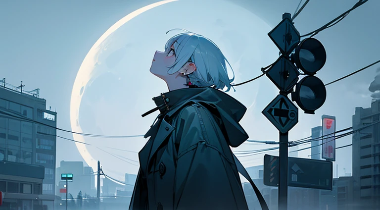 Woman looking up at the moon The moon is hazy with fog Waiting for a traffic light at an intersection A woman's breath is white Cold sky Wearing a coat three ear piercings