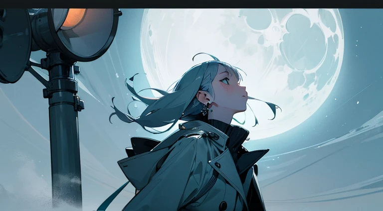 Woman looking up at the moon The moon is hazy with fog Waiting for a traffic light at an intersection A woman's breath is white Cold sky Wearing a coat three ear piercings