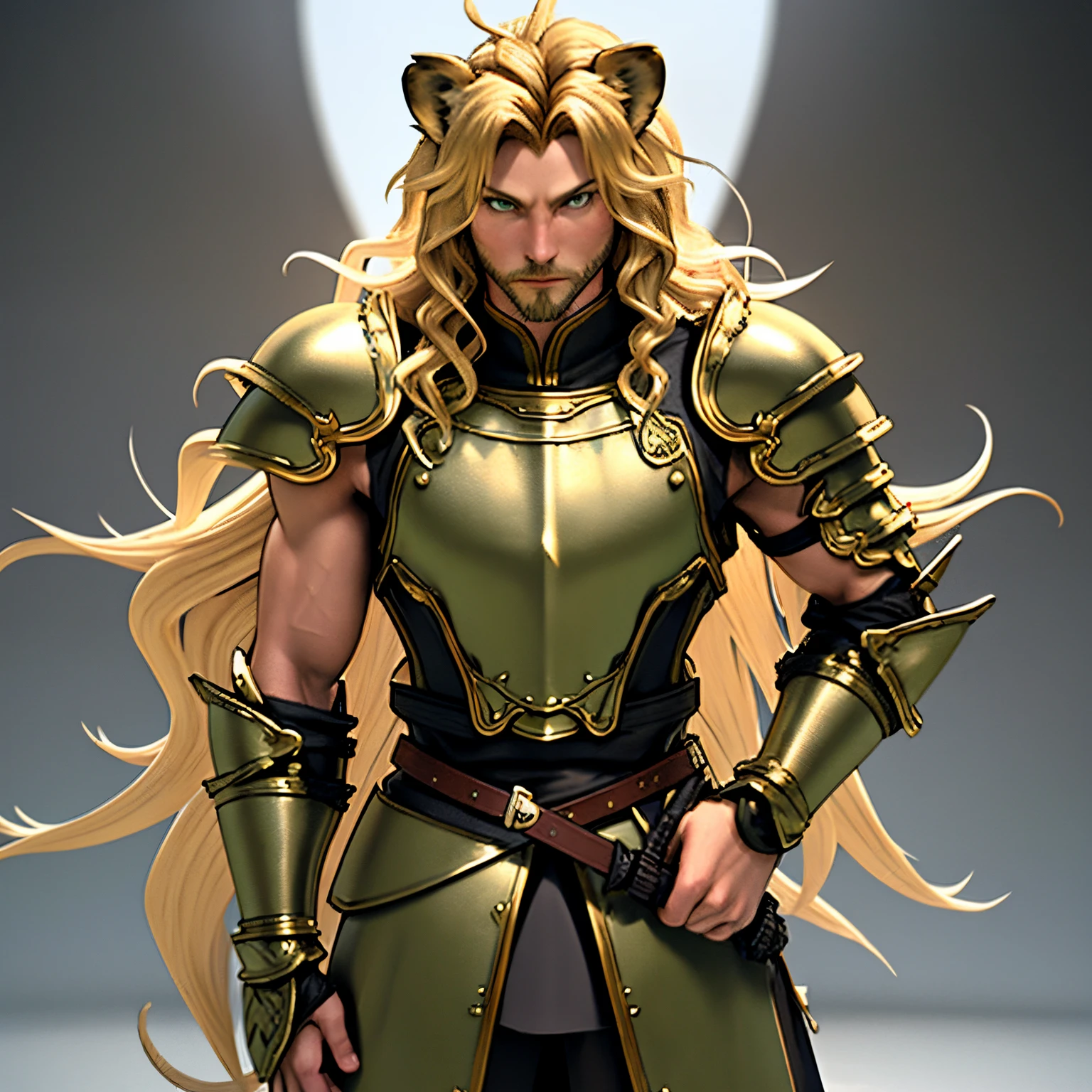 Fantasy armor, One male, lion ears, long hair, blond, blond hair, green eyes, tall, muscular, beautiful face, highest quality, masterpiece, 3d, anime, perfect face, highest detail, feline eyes, stubble, lion tail, wavy hair, full body shot, detailed face, intricate details, fantasy background, serious expression, solo, longsword