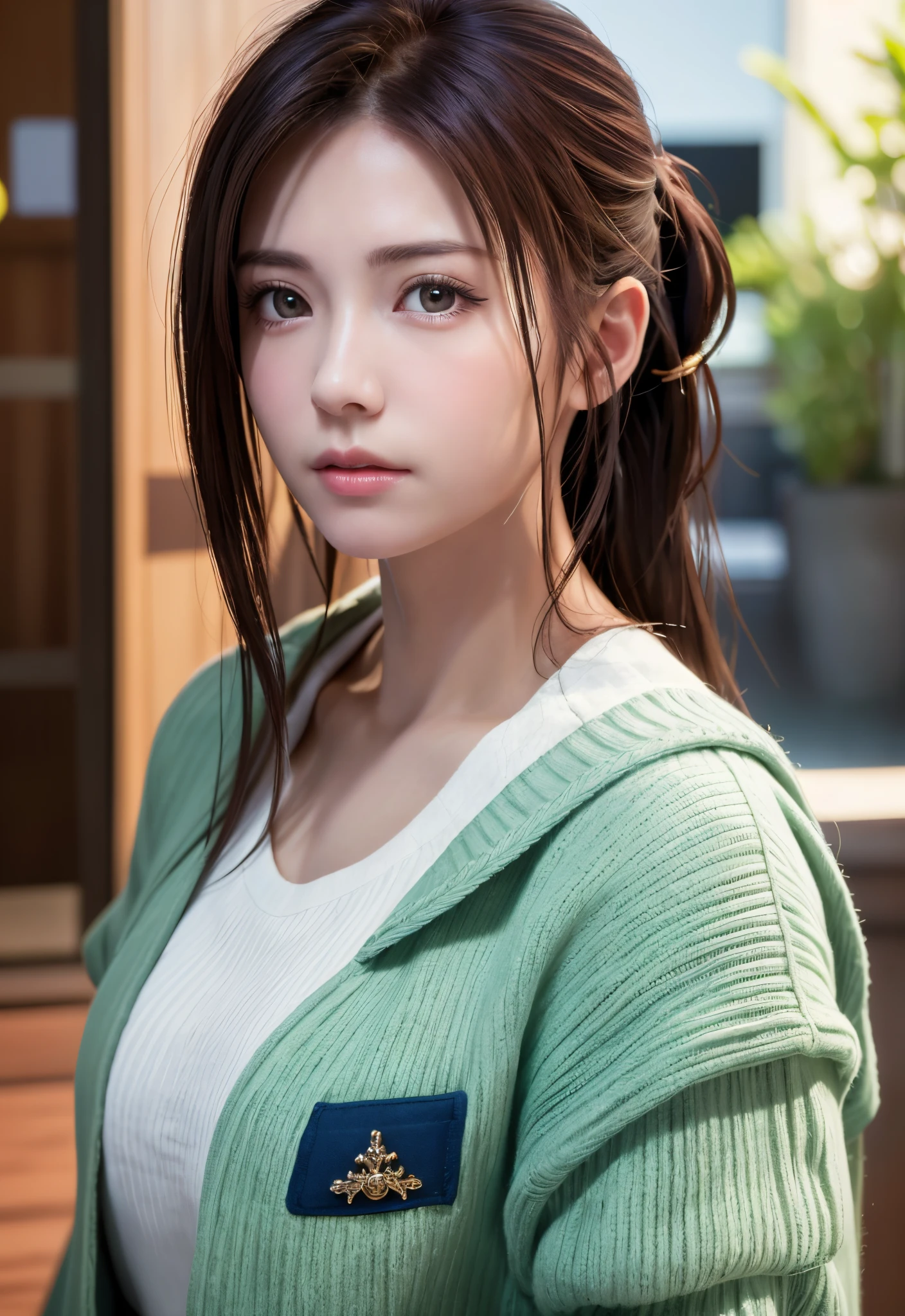 8K, of the highest quality, masutepiece:1.2), (Realistic, Photorealsitic:1.37), of the highest quality, masutepiece, Beautiful young woman, Pensive expression, Thoughtful look, Dressed as a female doctor, Hair tied back, Messy mood, Cinematic background, Tired, Light skin tone