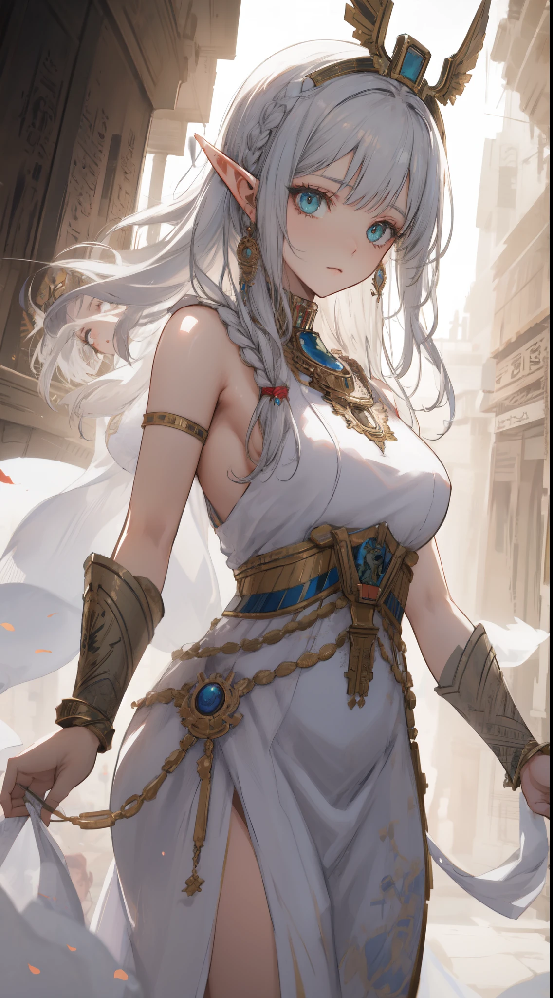 a handsome girl, solo, masterpiece, best quality, ultra detailed, greek goddess attire, ancient temple, divine aura