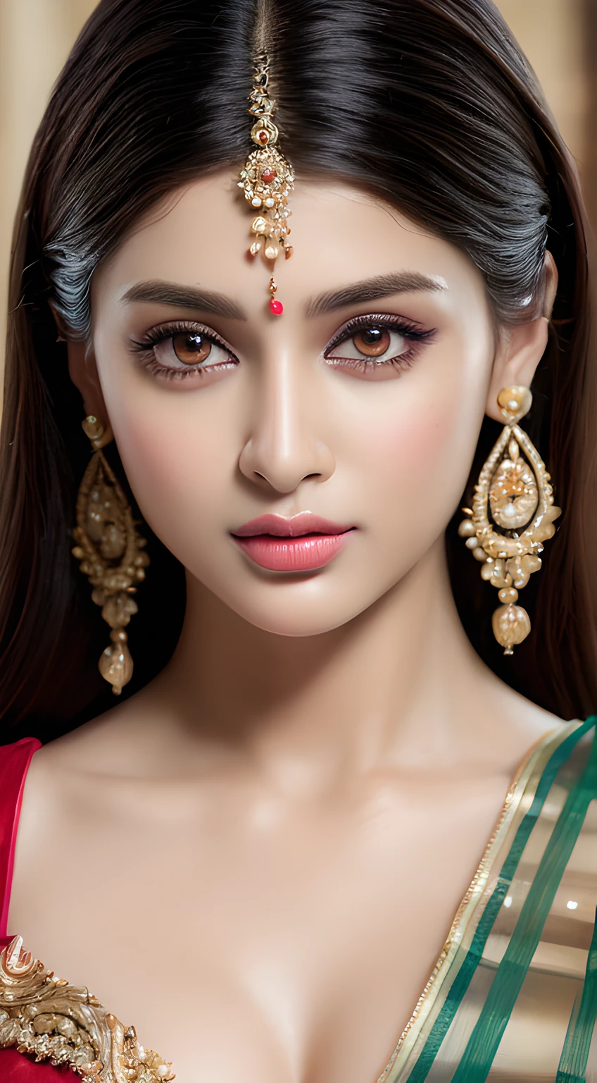 (A hyper-realistic), (illustration), (high resolution), (8K), (highly detailed), (The best illustration of beautiful detailed eyes), (top-quality), (ultra-detailed), (masterpiece), (beautiful attractive face), long hair, Earrings with bangs, ((20 year old Indian beautiful girl)), (((wearing traditional sari ))) , (((Glamorous body))) , Elegant Pose, Seduction pose, Looking at the camera