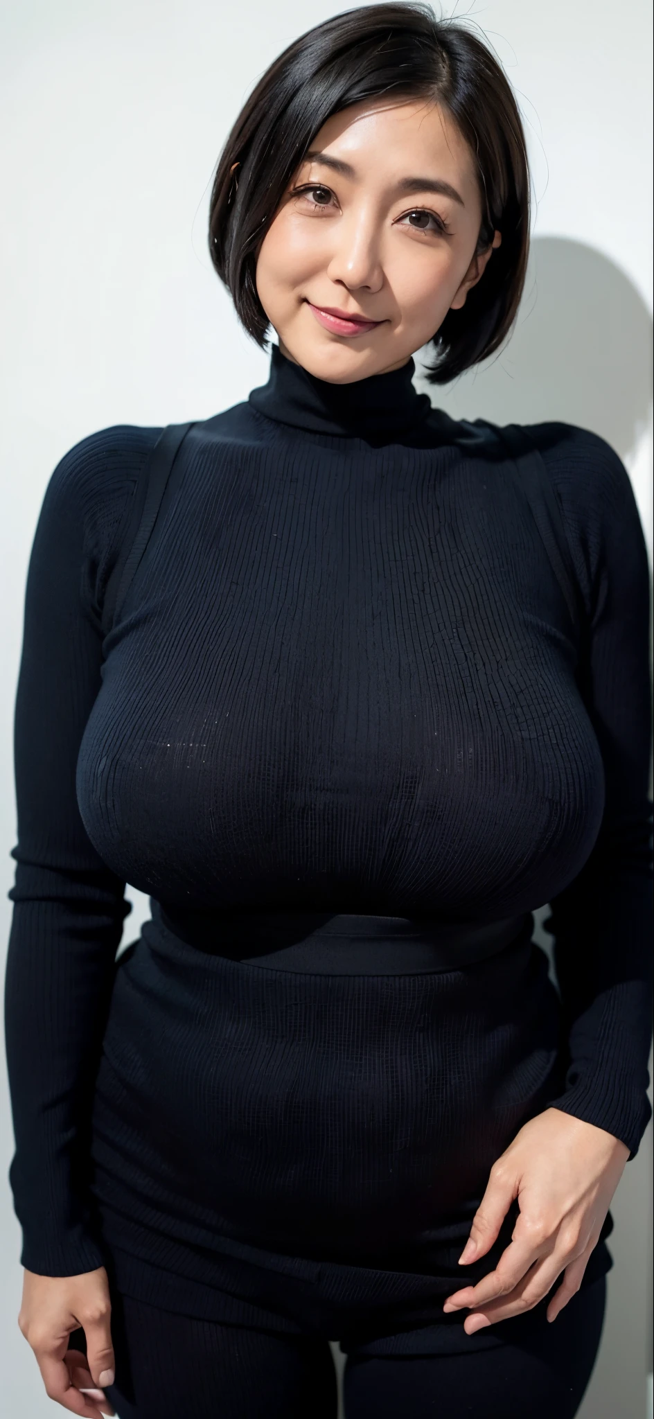 (((The most beautiful Japanese mama)))、Black Hair Bob Hair、A detailed face(neat face、Looks happy)、((Obscene and too big long breasts))、Wearing white turtleneck sleeveless knit sweater、A body that satisfies all sexual desires、The smell of female is filling the air、simple blue wall background、Bust Up Photos、This is the view facing the front.