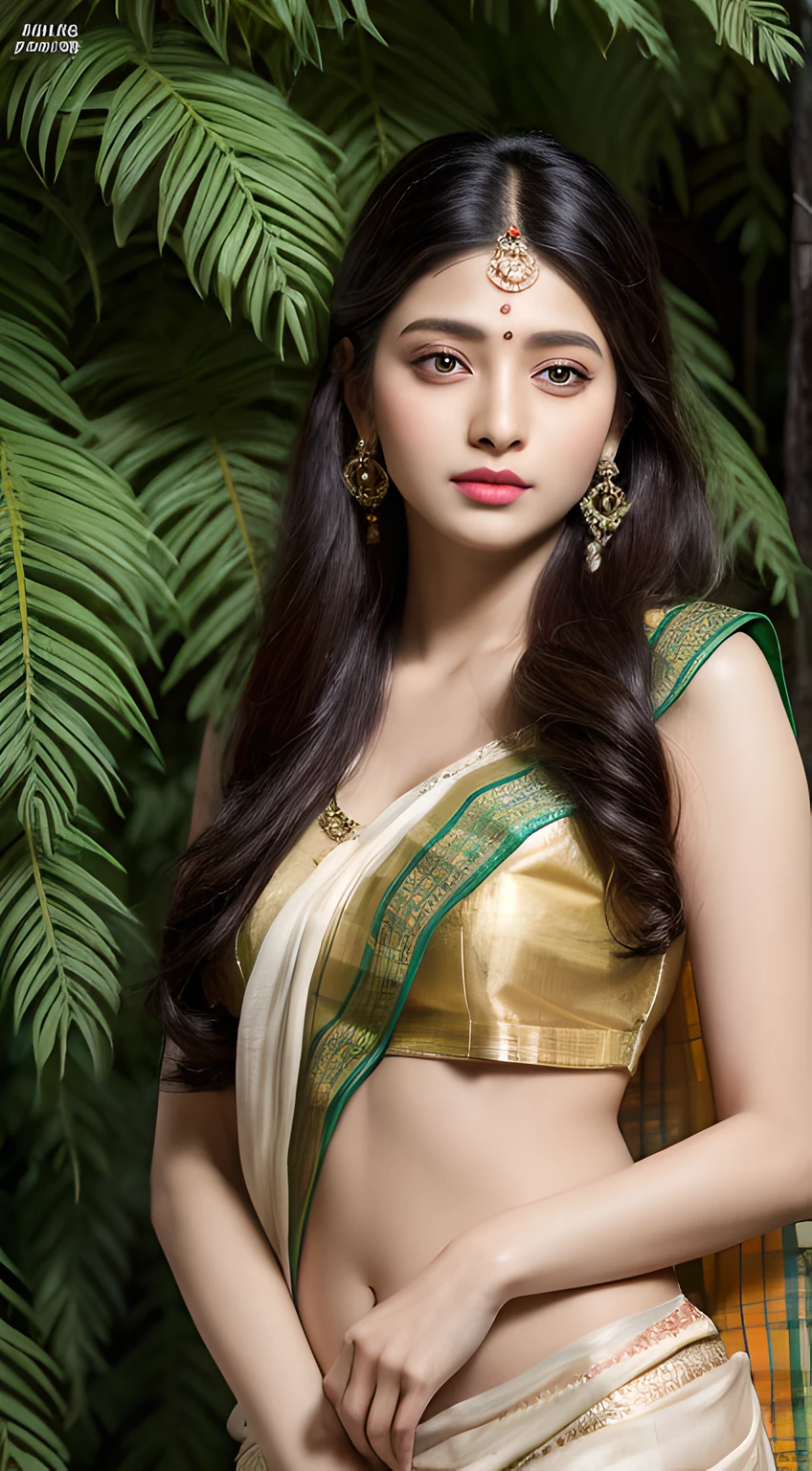upper half body of (A hyper-realistic), (illustration), (high resolution), (8K), (highly detailed), (The best illustration of beautiful detailed eyes), (top-quality), (ultra-detailed), (masterpiece), (beautiful attractive face), long hair, Earrings with bangs, ((20 year old Indian beautiful girl)), (((wearing traditional sari ))) , (((Glamorous body))) , Elegant Pose, Seduction pose, Looking at the camera, garden background