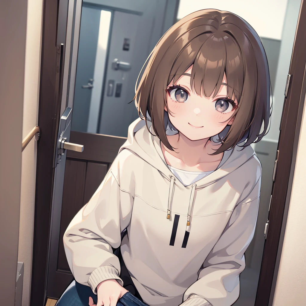 A cute brown haired girl, light skin, smiling, short hair, grey eyes, casual outfits, Advanced details, high quality, young girl, Anime style, solo