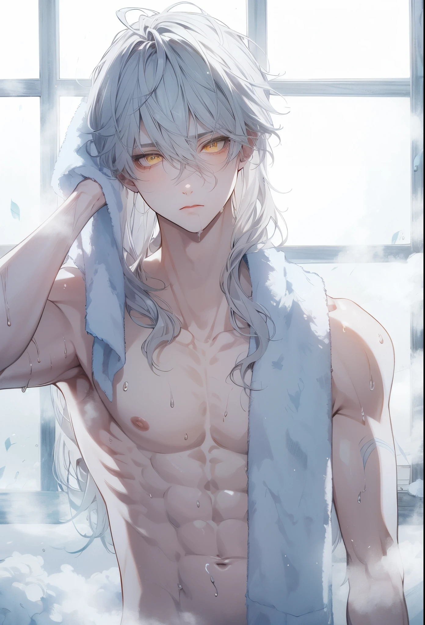 Beautiful young man, White hair, Long hair, Yellow eyes, Wet hair, Wipe your hair with a towel, Top Naked, pecs, Abs, White pants, After taking a bath, steam, Sink,High quality, amount of drawing, pixiv illustration