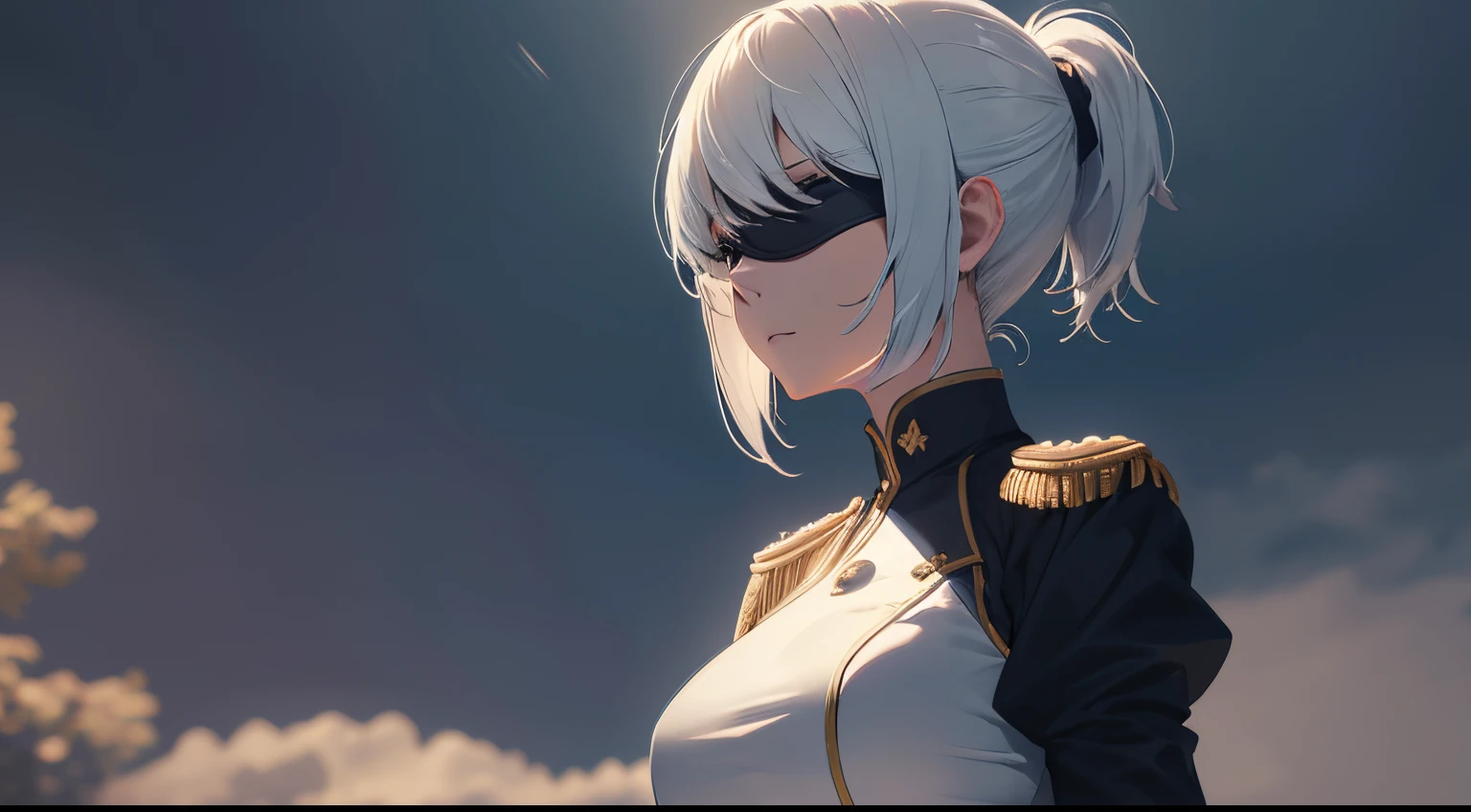 (extremely detailed CG unity 8k wallpaper), (masterpiece), (best quality), (ultra-detailed), (best illustration), (best shadow), (absurdres), 2, 1girl, short hair, short ponytail, normal size boobs, white hair, blindfold solo, Intimidating women, admiral uniform, night, hero pose, white clothes, General Uniform, Military Uniform, Sunlight, exposed to sunlight,commander, cape, fighting, ((beautiful fantasy girl)), (Master Part: 1.2), Best Quality, High Resolution, photorealestic, photogenic, Unity 8k壁纸, perfect lighting, (perfect arms, perfect anatomy) beatiful face, intricate details, Detalhes realistas, the anime, The Perfect Girl, perfect details, Ultra HD |, 8K, Professional photo, Car background