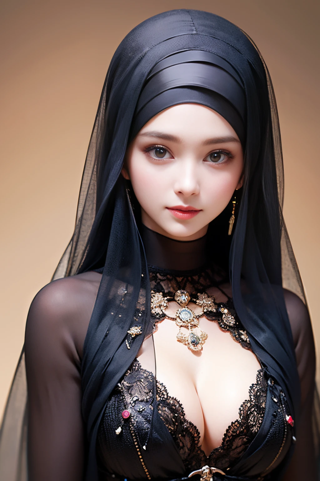 nsfw,Highest Quality, Highest image quality, RAW Photos, Realistic, Photorealsitic, ultra detailed and beautiful, highest details, 1young girls, good-looking, Beautiful fair skin and luster, Beautiful eyes are big and bright, Small mouth and thin lips, hijabi, Goodness of style and slenderneseautiful big breasts:1.3), She has a cheerful personality and a cute smile......, Natural makeup, Pearl Pin Cripantasy see-through costume with cute details and wide breasts:1.5), s, beautiful girl illuminated by seven colors of light, Irridescent color,