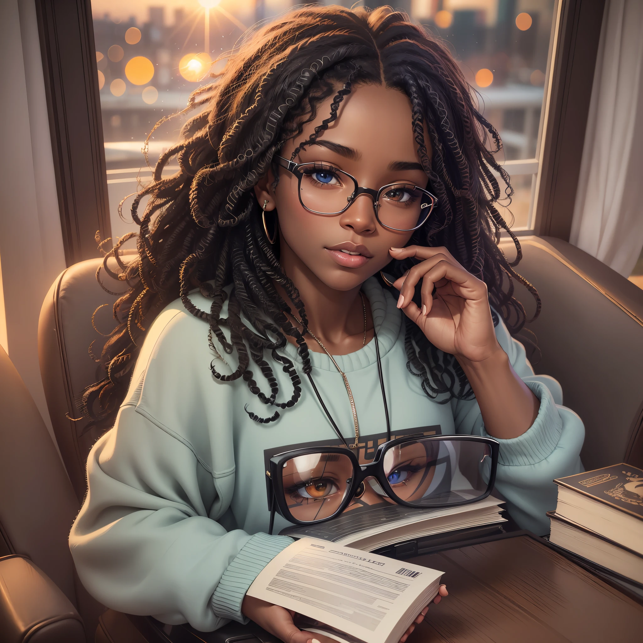 realistic portrait of a cute twenty-year-old African-American girl ((dark skin color)) reading a book, ((sitting in a chair by the window during a sunset)), ((wearing glasses, suffers from heterochromia)) dressed in a sweatshirt and jeans, current fashion, long curly hair, mega curly, ((kanekalon)), dark background lighting, close-up, product vision, detailed facial details, perfect face, sharpness, trend art, sharp facial details, cgsociety, ultra high quality digital art, hyper exquisite details, 4K, 8K soft lighting, dreamy --ISO 100, fashion -