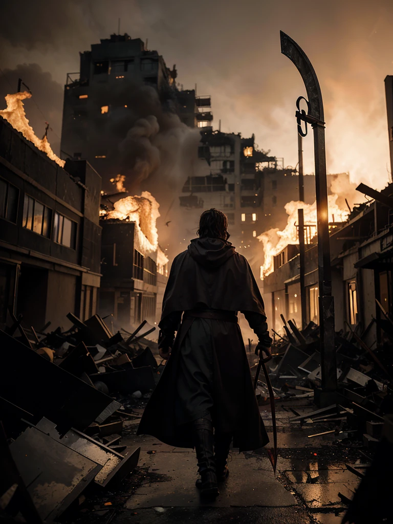 A man in a cloak with a ginormous scythe walking towards a destroyed on fire City while blood leaks from his missing arm
