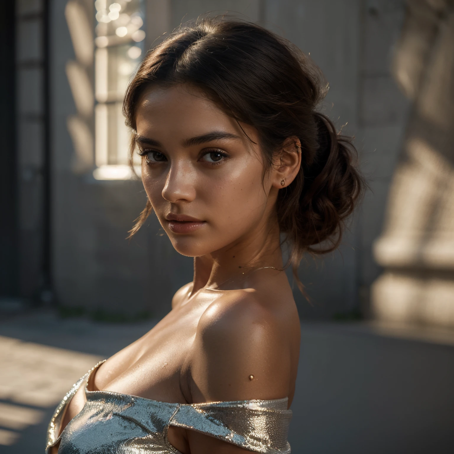 Best quality, masterpiece, ultra high res, (photorealistic:1.4), 1girl, offshoulder, deep shadow, shiny skin