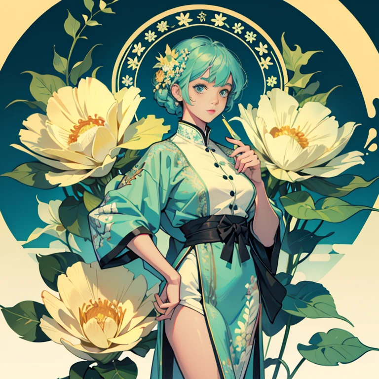 Create award-winning work, Highly detailed vector illustration of comic style wallpaper,Lots of turquoise and creamy flowers, decorated with intricate leaves.