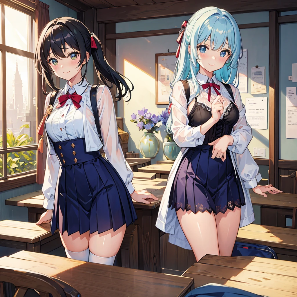 , Open, Blushing navel, underbust, 校服, ‎Classroom, bookbag, llight rays, Glow, upper legs, 鎖骨, Willow waist, (tmasterpiece)Pulling on his underwear。Raised sexy。Lace suspenders。Less clothing，20。"(((best quality))),(((ultra detailed))),(((masterpiece))),illustration, 1girl, lace lingerie, shy smile"Whole body diagram