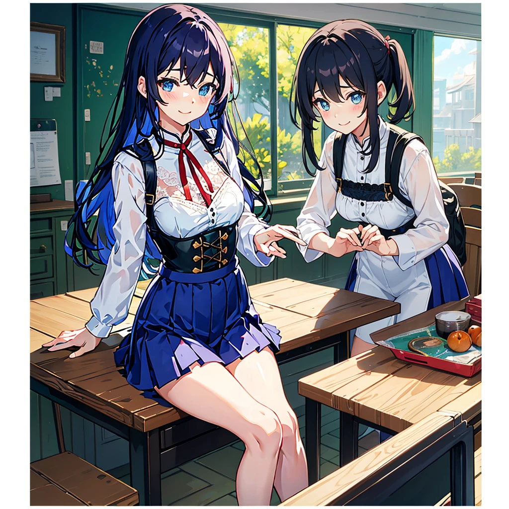 , Open, Blushing navel, underbust, 校服, Classroom, bookbag, llight rays, Glow, upper legs, 鎖骨, Willow waist, (tmasterpiece)Pulling on his underwear。Raised sexy。Lace suspenders。Less clothing,20。"(((best quality))),(((ultra detailed))),(((masterpiece))),illustration, 1girl, lace lingerie, shy smile"Whole body diagram