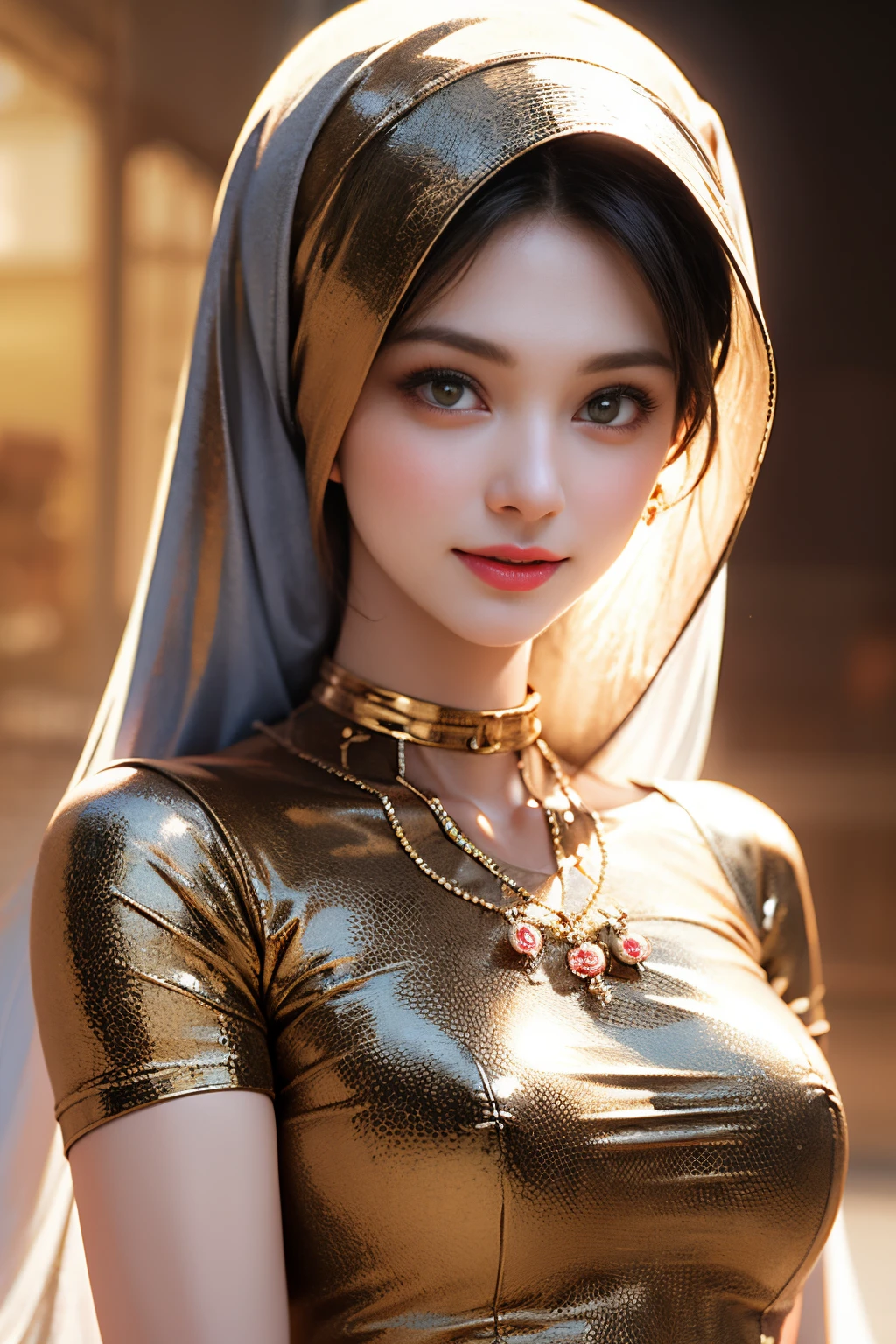 nsfw,Highest Quality, Highest image quality, RAW Photos, Realistic, Photorealsitic, ultra detailed and beautiful, highest details, ung girls, good-looking, Beautiful fair skin and luster, Beautiful eyes are big and bright, Small mouth and thin lips, hijabi, Goodness of style and slenderneseautiful big breasts:1.3), She has a cheerful personality and a cute smile......, Natural makeup, Pearl Pin Cripantasy see-through costume with cute details and wide breasts:1.5), Cute lit beautiful girl illuminated by seven colors of light, Irridescent color,