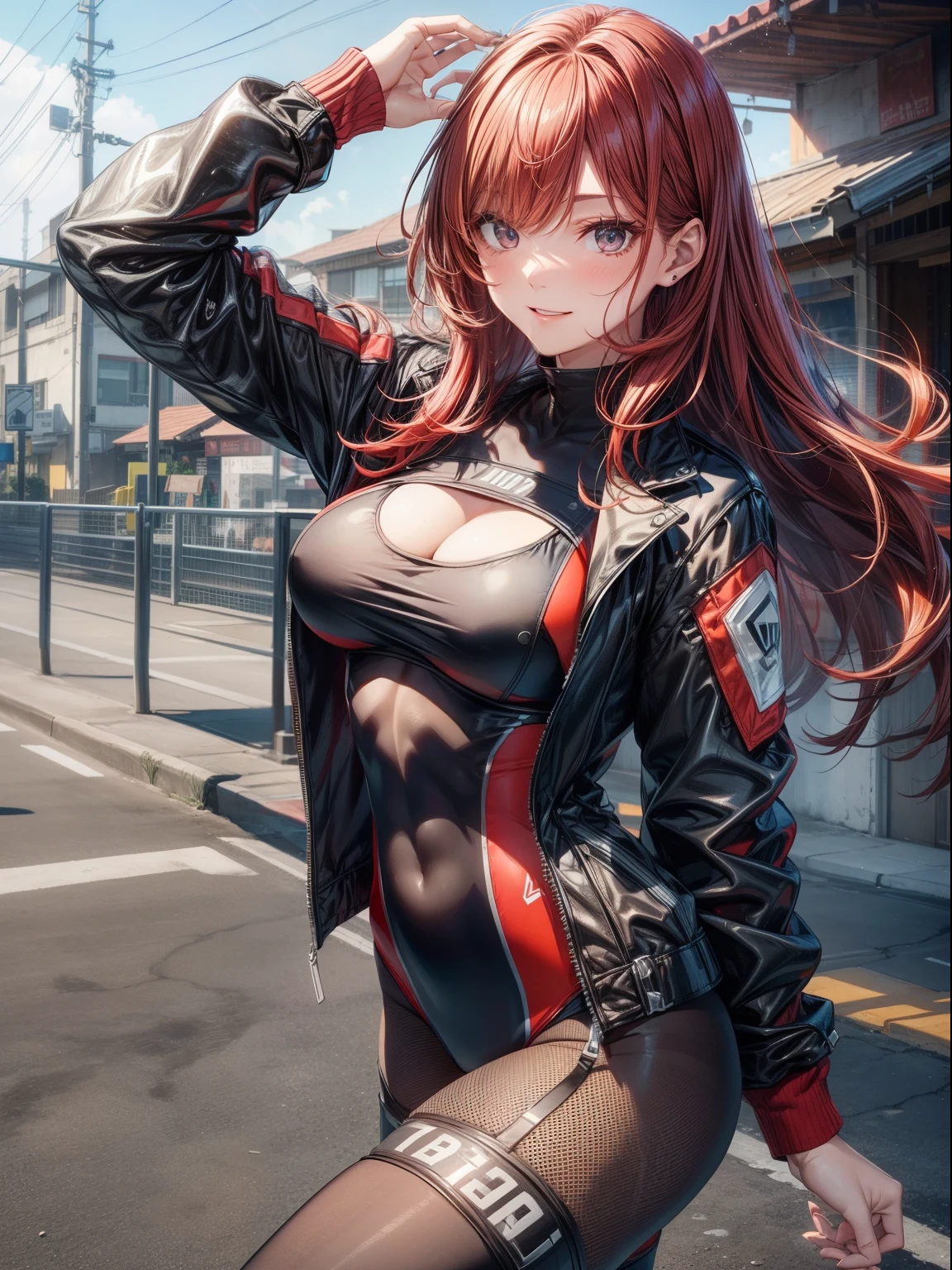 top-quality、Full limbs、complete fingers、Slender beauty、Women with straight hair、((Red-haired woman))、Women with medium hair、(Beautiful busty woman:1.3)、(Black competitive swimsuit with red lines)、(Brown pantyhose)、(Long boots in black color)、Black riders jacket、Naughty Poses、Blushing、A big smile、(motor bikes、pier)