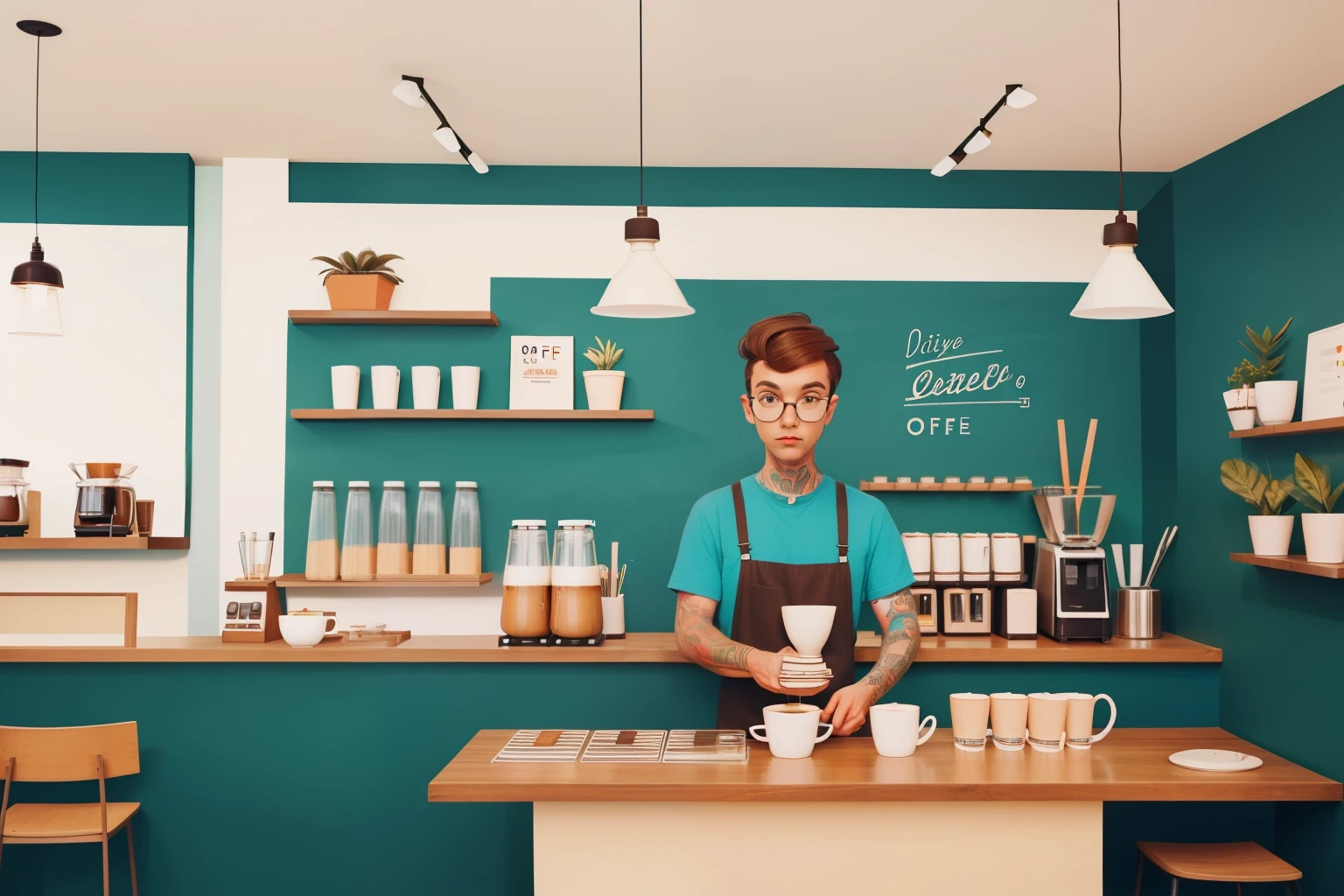 Setting: Daytime Modern Coffee Shop with a Hipster Barista.
*Description: A hipster barista with colorful tattoos and trendy glasses prepares artisanal coffee in a modern, minimalist coffee shop. The clean lines and vibrant artwork capture the contemporary charm of a Wes Anderson-style caffeine haven.