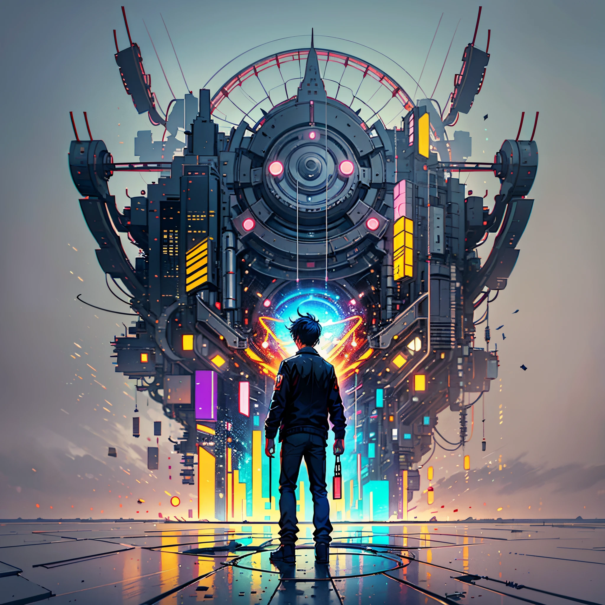 A boy in front of a 3d watercolor abstract,dark background,high resolution,high quality,colorful --auto --s2