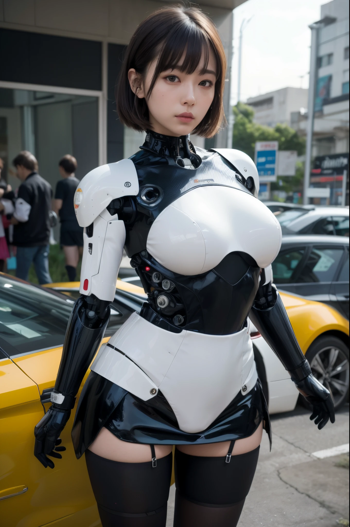 masutepiece, Best Quality, Extremely detailed, (Photorealistic:1.4), (8K, 4K, Best Quality, hight resolution, 超A high resolution:1.1), 8K portrait,1girl in, Japaese Cyborg Girl,Plump , announcer,control panels,android,Droid,Mechanical Hand, ,Robot arms and legs, Black Robot Parts,Black hair,Mechanical body,Blunt bangs,White Robotics Parts,perfect robot woman,Charging spot,Long Tube,A thick cable was connected to her neck,ceramic body ,Mechanical body, mechanical ear covers,android,robot humanoid,loose boots,dark black leggings,tight skirt,a bit chubby,panty,full eyes,She is exhibits,She is exhibited on exhibition hall,