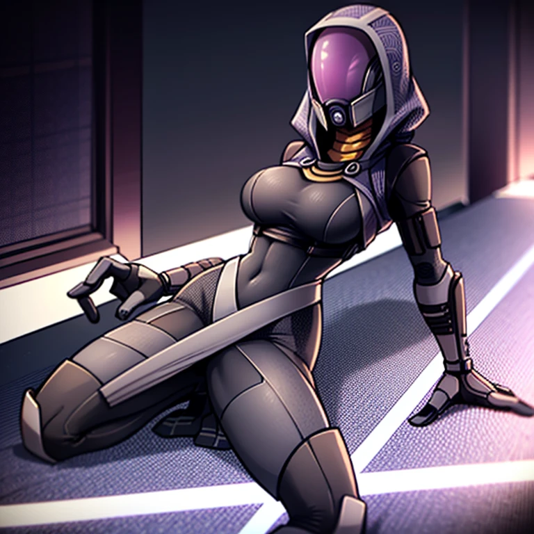 tali, 1girl, solo, hood, purple bodysuit, mask, (helmet, faceless), hood up, alien, inside, Tali'Zorah, mass effect fantasy, scifi woman, full body portrait