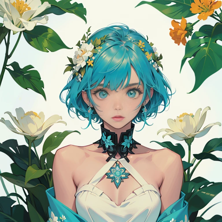 Create award-winning work, Highly detailed vector illustration of comic style wallpaper,Lots of turquoise and creamy flowers, decorated with intricate leaves.