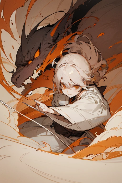 ((masterpiece)), ((high resolution)), ((super delicate)), Japanese painting, (rough sketch), (Line drawing drawing style illustration), (full-length), (Scenes of battle with monsters), (Outline warm color), manga style, madness, Crazy smile, psychopathic, Condescending eyes, Distant view, action pose, (dynamism), (sense of speed), eerie, horror factor, (Distinctive hair style), (Creative accessories), (individualistic atmosphere), eerie worldview, Suspicious atmosphere, Fantasy Town, extra