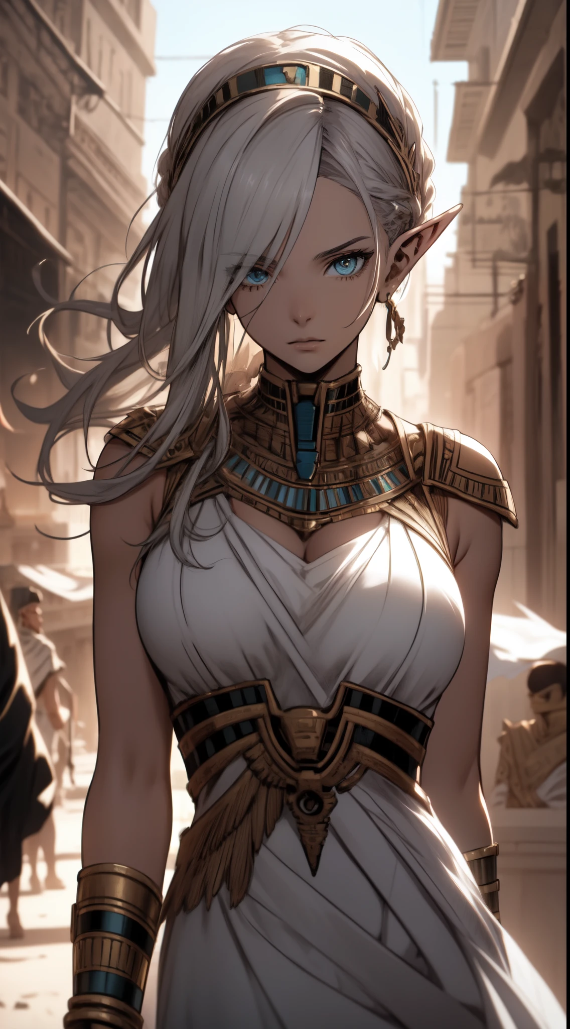 ((Best quality, 8k, Masterpiece :1.3)), young elf woman,  Bangs, sidelock, Braid, silver hair, bright eyes, egypt concept, Egyptian clothing, big breast, Ornate bracelet, with an egyptian embroidered, white dress, sweet expression,perfect face, detailed eyes, arches, middle east egyptian town, dynamic composition, craig mullins, (dynamic angle), (depth of field:1.2), intricate insanely detailed,sharp focus,aestheticism,art by Artgerm, by wadim kashin, by Kawacy, by Yusuke Murata