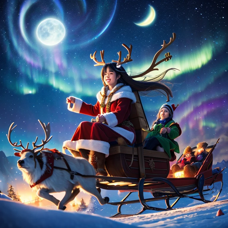 A female Santa Claus rides a sleigh pulled by reindeer Fly in the winter night sky with aurora and starry sky。Below is、I can see the cityscape high-level image quality Illustration style Fantasy style