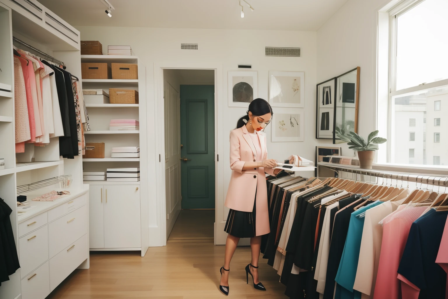 Setting: Daytime Chic Fashion Studio with a Fashion Designer.
*Description: A fashion designer, clad in stylish attire, works amidst racks of cutting-edge designs in a chic studio. The modern aesthetic and trendy outfits capture the contemporary allure of a Wes Anderson-style fashion atelier.