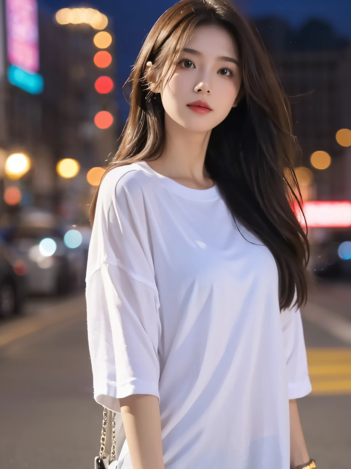 (Best quality at best, A high resolution, tmasterpiece :1.3), one pretty woman, long slim figure, dark brown hair, tee shirt, (City streets at night), Highly Detailed Face and Skin Textur, A detailed eye, 二重まぶた