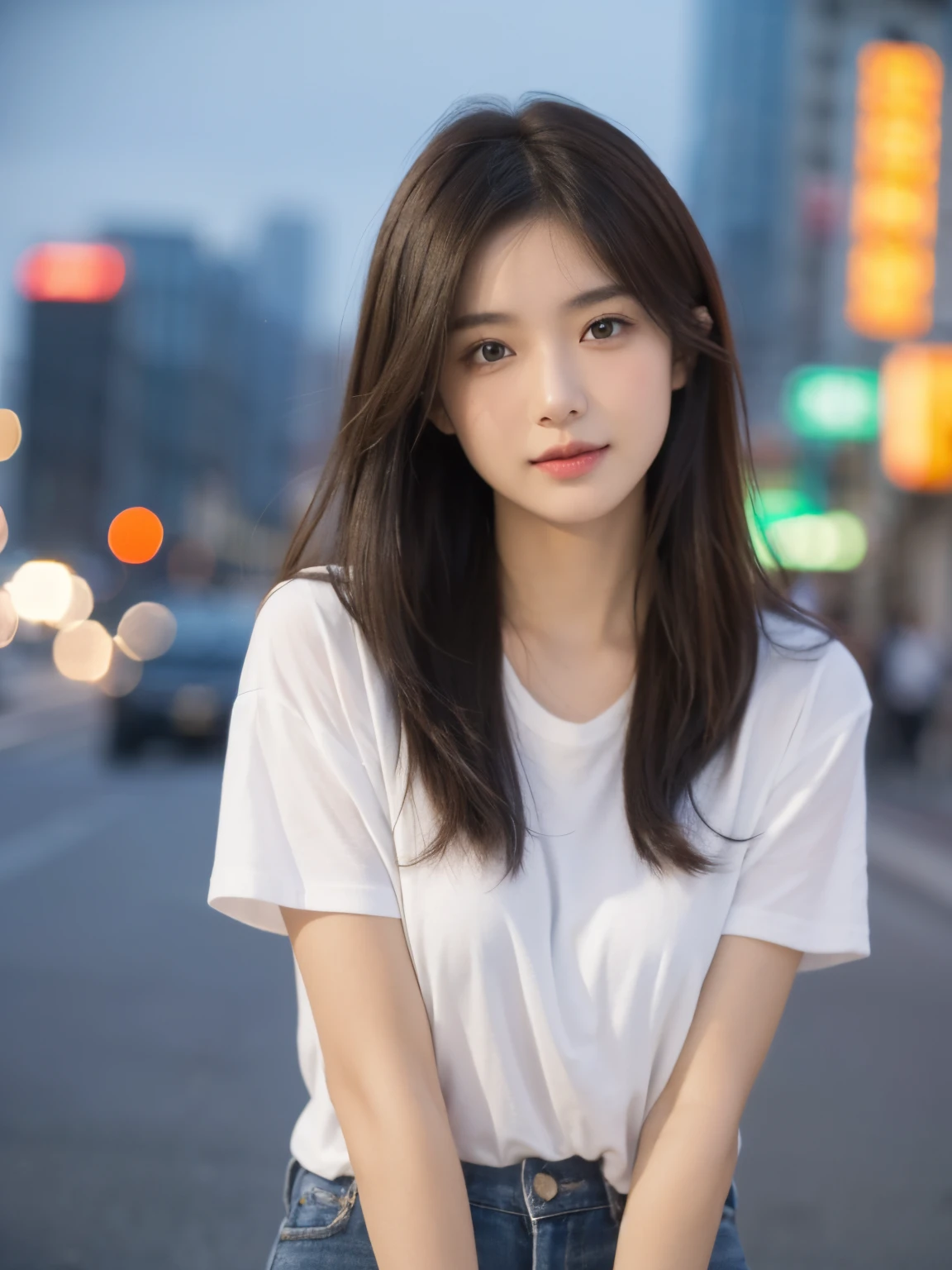 (Best quality at best, A high resolution, tmasterpiece :1.3), one pretty woman, long slim figure, dark brown  hair, tee shirt, (City streets at night), Highly Detailed Face and Skin Textur, A detailed eye, 二重まぶた