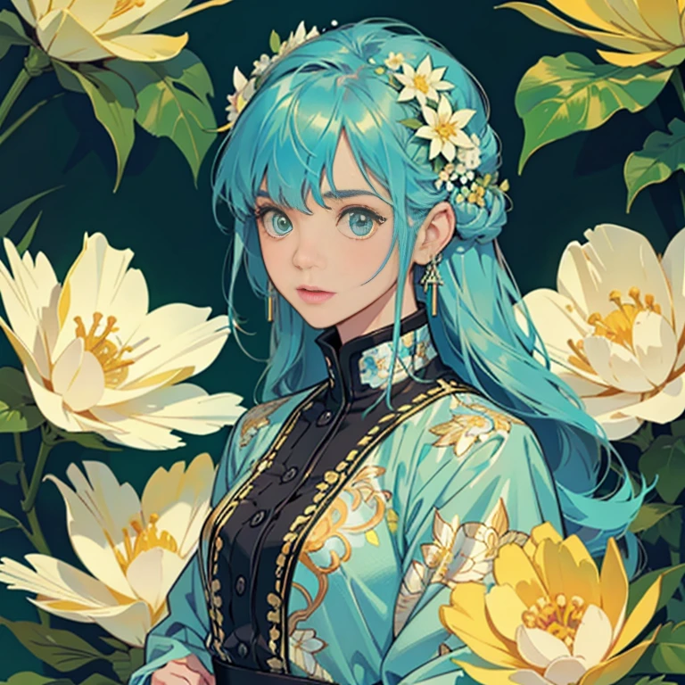 Create award-winning work, Highly detailed vector illustration of comic style wallpaper,Lots of turquoise and creamy flowers, decorated with intricate leaves.