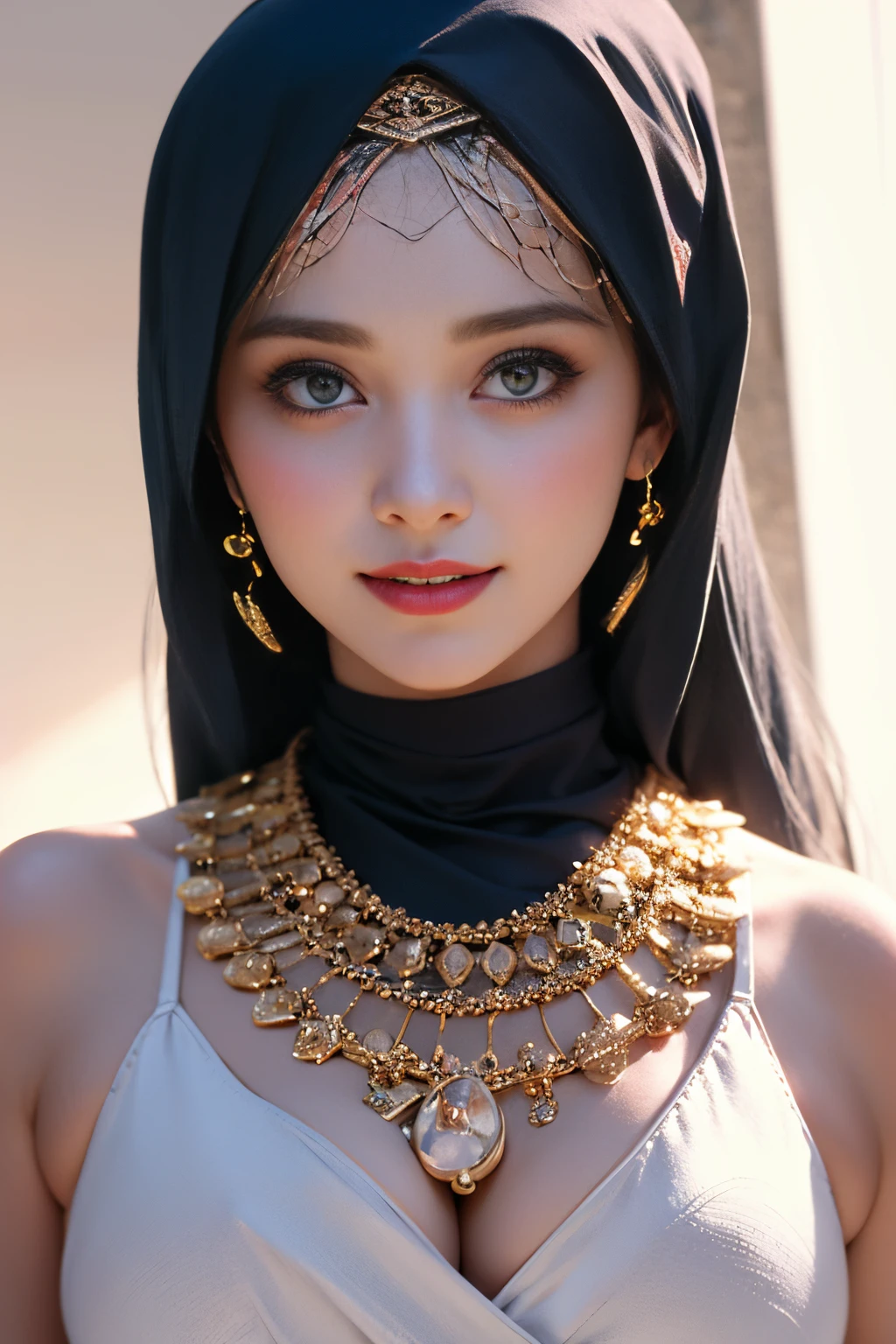nsfw,Highest Quality, Highest image quality, RAW Photos, Realistic, Photorealsitic, ultra detailed and beautiful, highest details, 1young girls, good-looking, Beautiful fair skin and luster, Beautiful eyes are big and bright, Small mouth and thin lips, hijabi, Goodness of style and slenderneseautiful big breasts:1.3), She has a cheerful personality and a cute smile......, Natural makeup, Pearl Pin Cripantasy see-through costume with cute details and wide breasts:1.5), Cute little girl s, beautiful girl illuminated by seven colors of light, Irridescent color,
